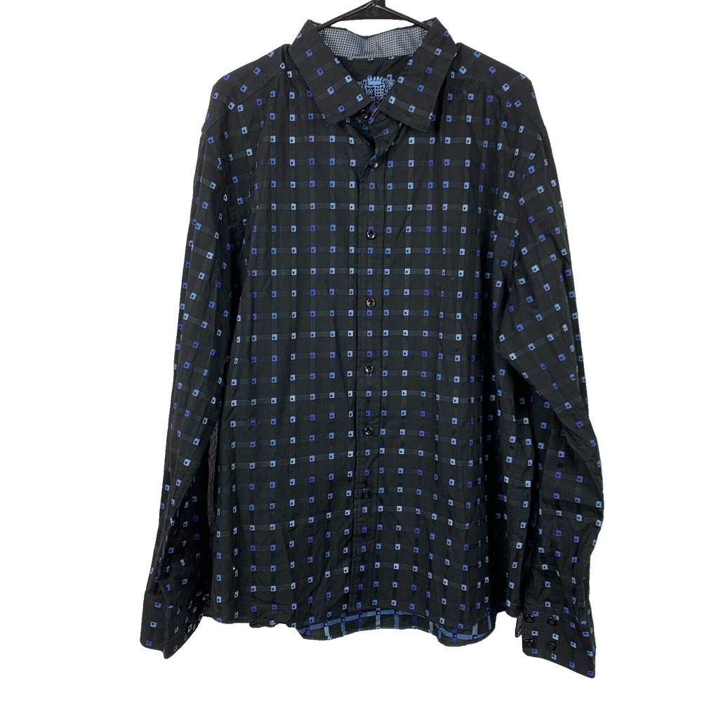 House Of Lords Geometric Black Blue Long Sleeve Button Up Shirt Mens 3XL